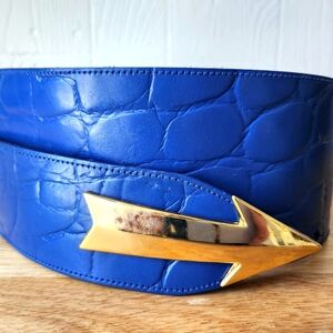 80's Vintage Blue Leather Belt with Gold Buckle